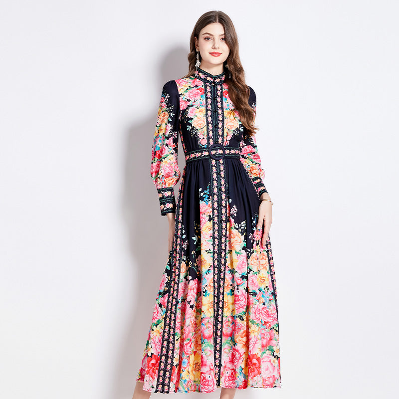 CM-DY016430 Women Elegant European Style Floral Stand Collar Long Sleeve Maxi Dress - Black