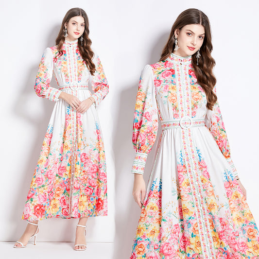 CM-DY016431 Women Elegant European Style Floral Stand Collar Long Sleeve Maxi Dress - Apricot