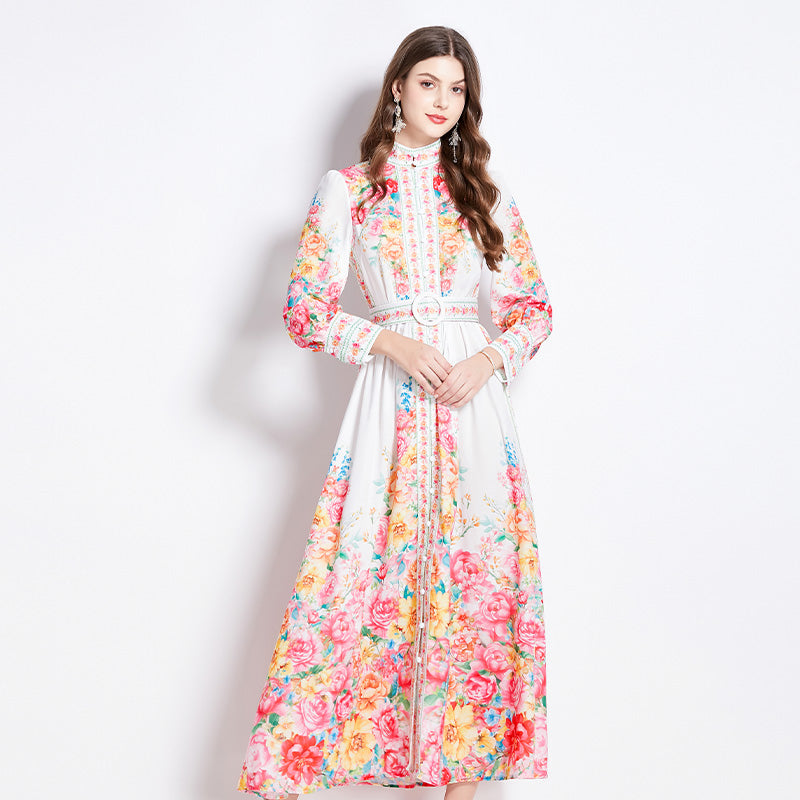 CM-DY016431 Women Elegant European Style Floral Stand Collar Long Sleeve Maxi Dress - Apricot