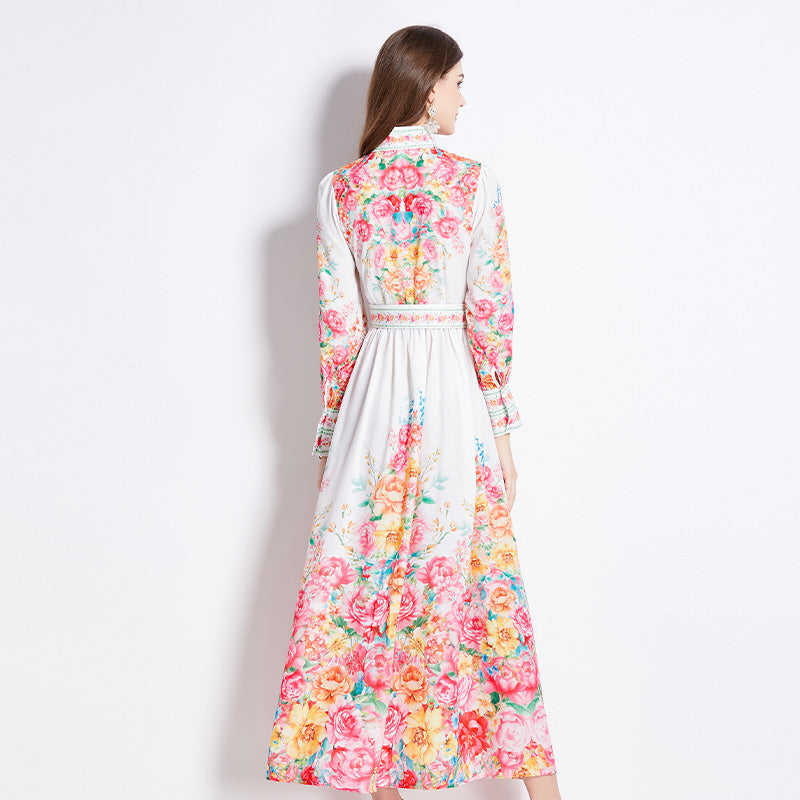 CM-DY016431 Women Elegant European Style Floral Stand Collar Long Sleeve Maxi Dress - Apricot