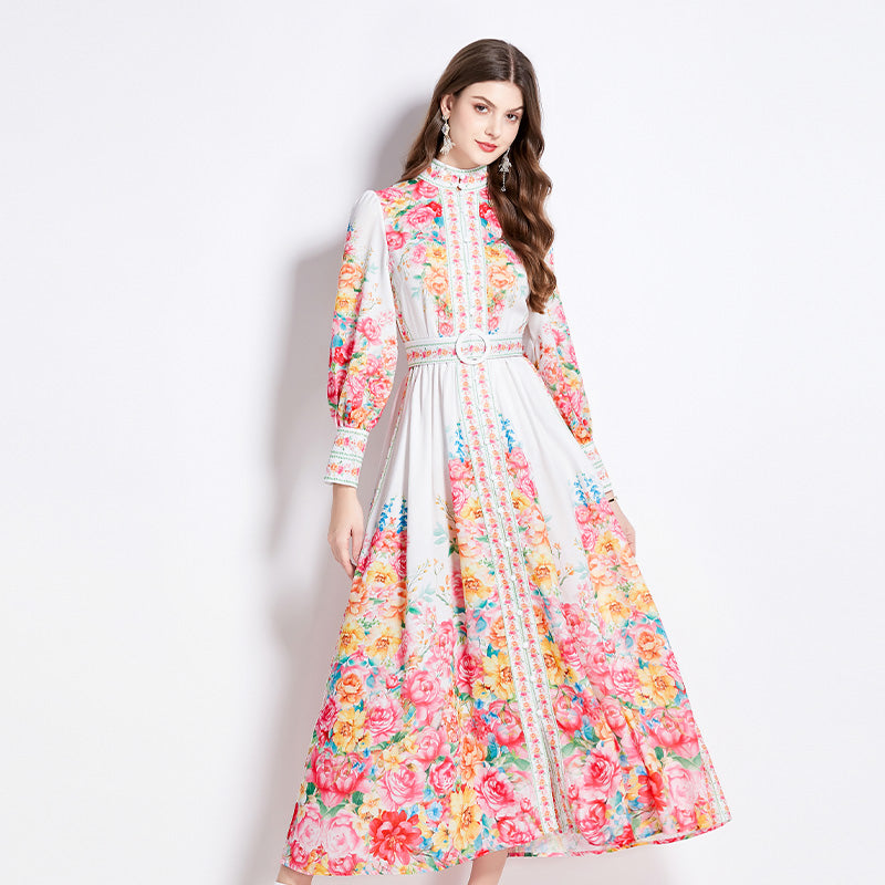 CM-DY016431 Women Elegant European Style Floral Stand Collar Long Sleeve Maxi Dress - Apricot