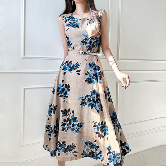 CM-DY016743 Women Casual Seoul Style Round Neck Sleeveless Pinched Waist Long Dress