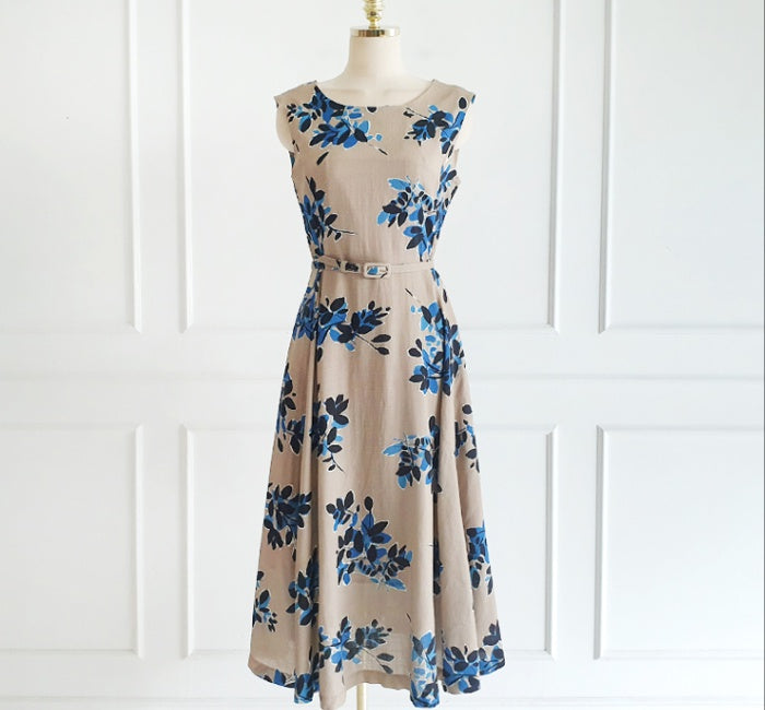 CM-DY016743 Women Casual Seoul Style Round Neck Sleeveless Pinched Waist Long Dress