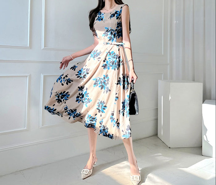 CM-DY016743 Women Casual Seoul Style Round Neck Sleeveless Pinched Waist Long Dress