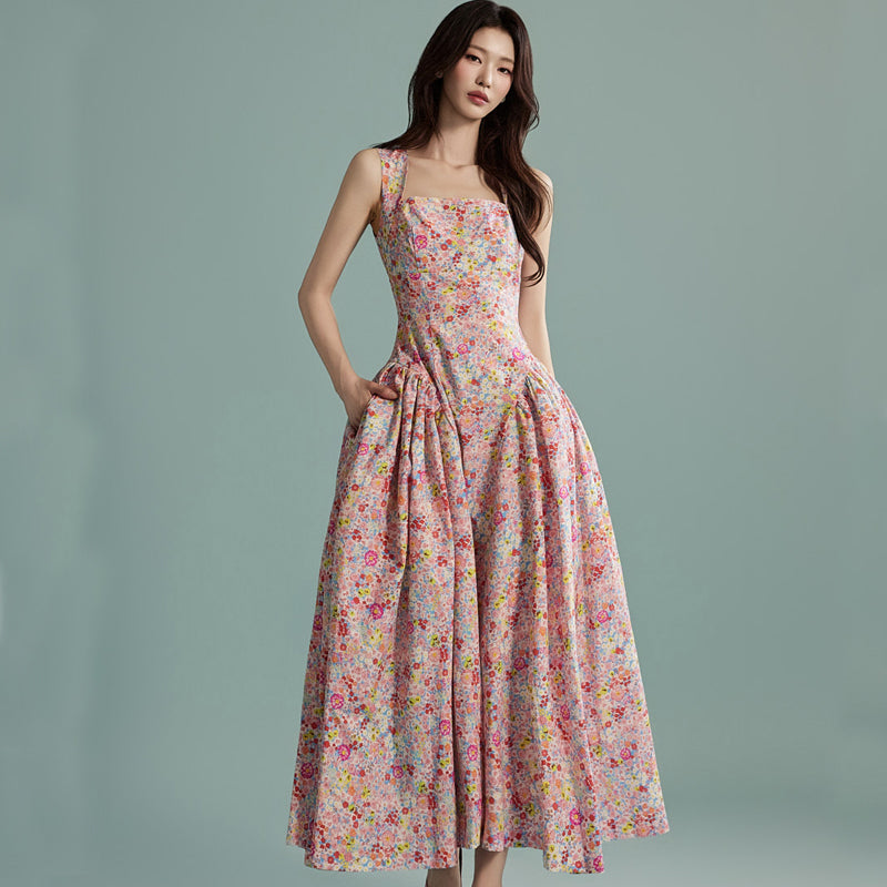 CM-DY016765 Women Elegant Seoul Style Floral Print Sleeveless Long Ruffle Dress