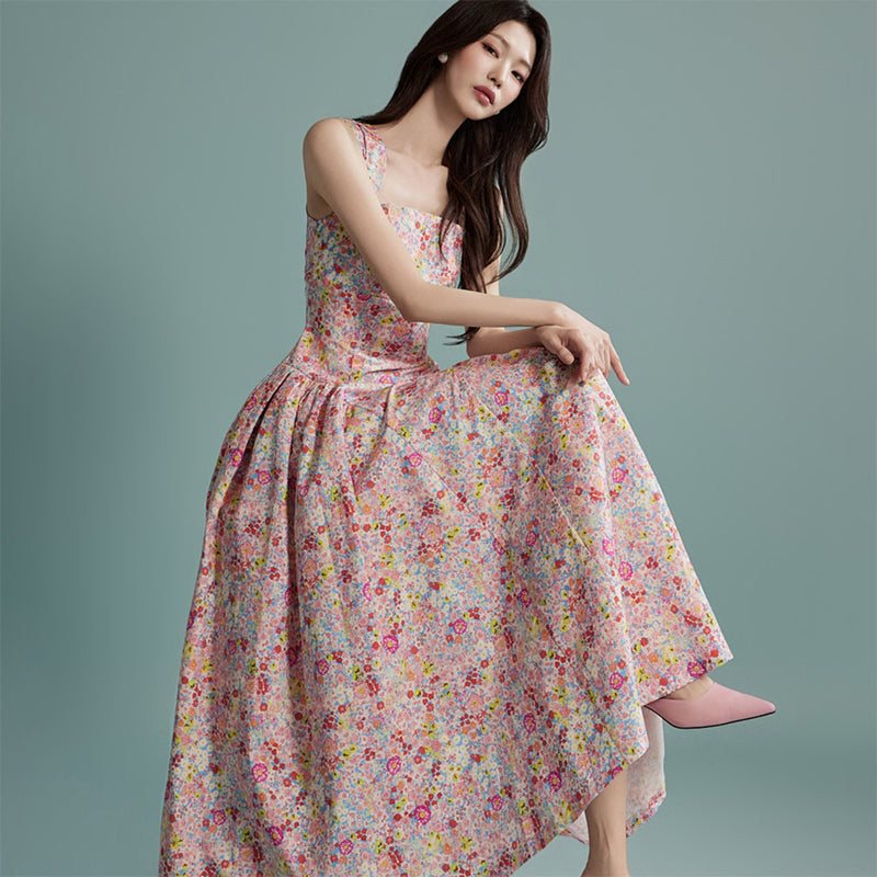 CM-DY016765 Women Elegant Seoul Style Floral Print Sleeveless Long Ruffle Dress