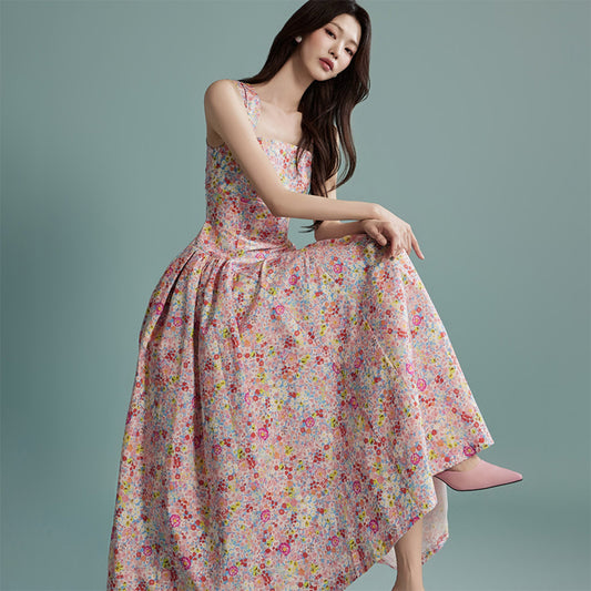 CM-DY016765 Women Elegant Seoul Style Floral Print Sleeveless Long Ruffle Dress