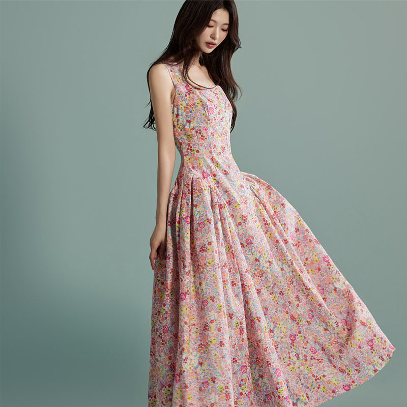 CM-DY016765 Women Elegant Seoul Style Floral Print Sleeveless Long Ruffle Dress