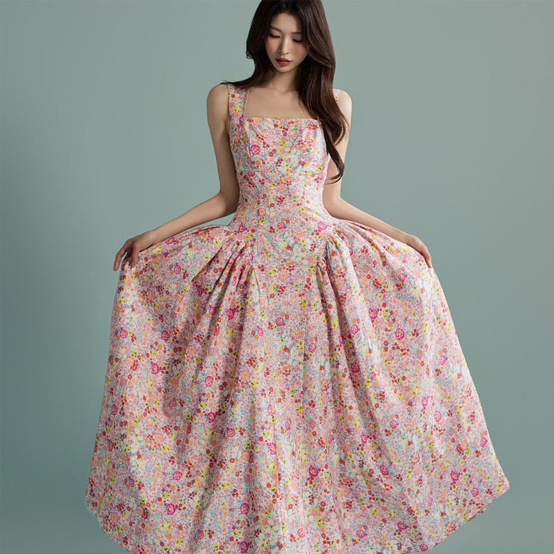 CM-DY016765 Women Elegant Seoul Style Floral Print Sleeveless Long Ruffle Dress