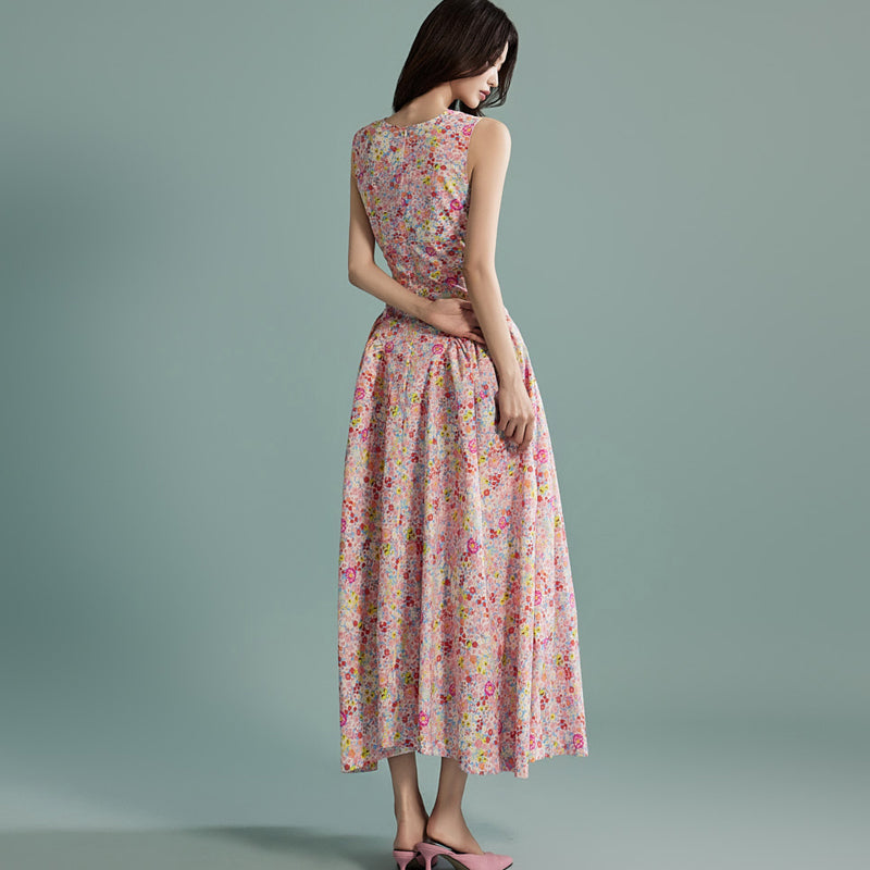 CM-DY016765 Women Elegant Seoul Style Floral Print Sleeveless Long Ruffle Dress