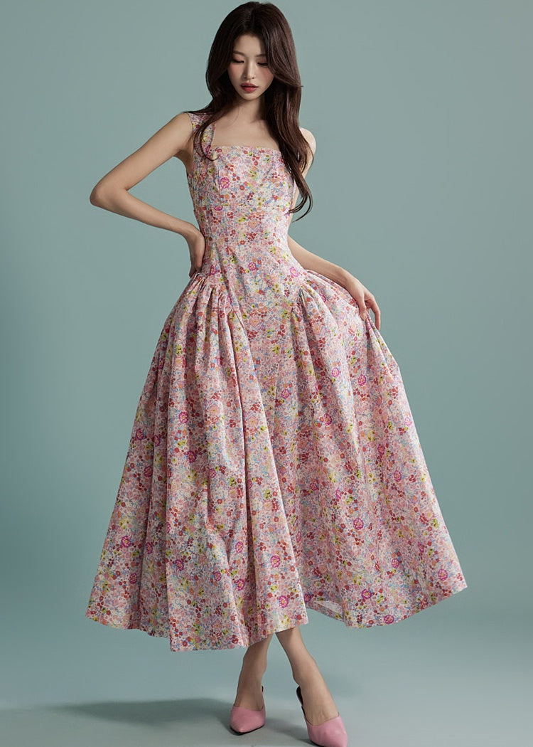CM-DY016765 Women Elegant Seoul Style Floral Print Sleeveless Long Ruffle Dress