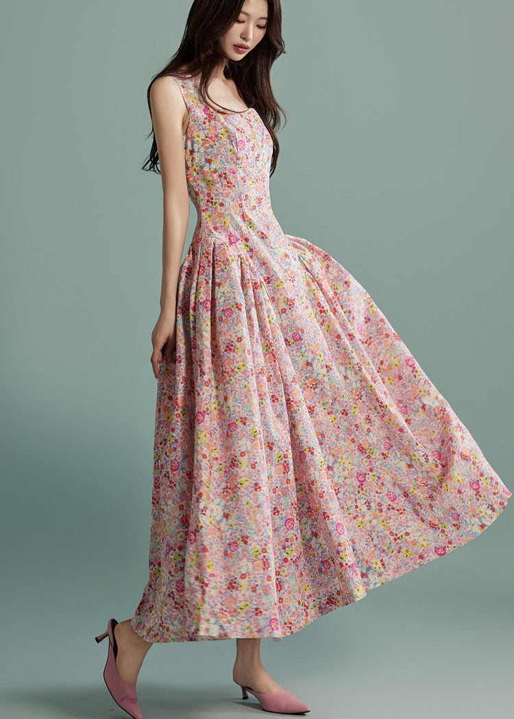 CM-DY016765 Women Elegant Seoul Style Floral Print Sleeveless Long Ruffle Dress