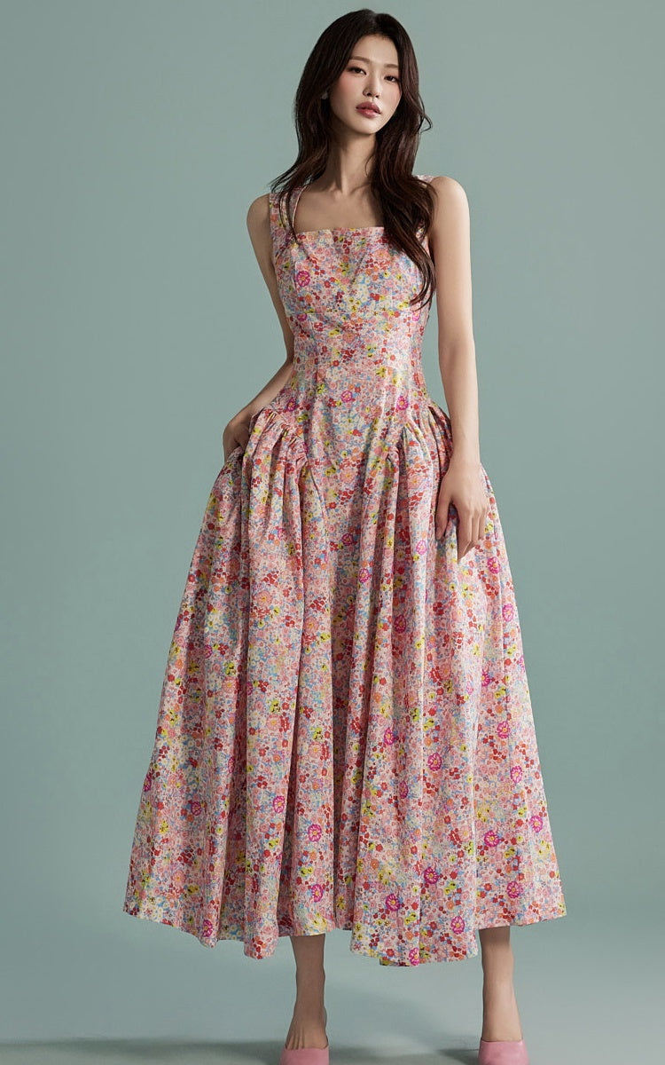 CM-DY016765 Women Elegant Seoul Style Floral Print Sleeveless Long Ruffle Dress