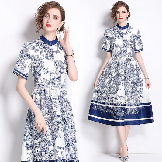 CM-DY016768 Women Elegant European Style Stand Collar Short Sleeve Pinched Waist Midi Dress