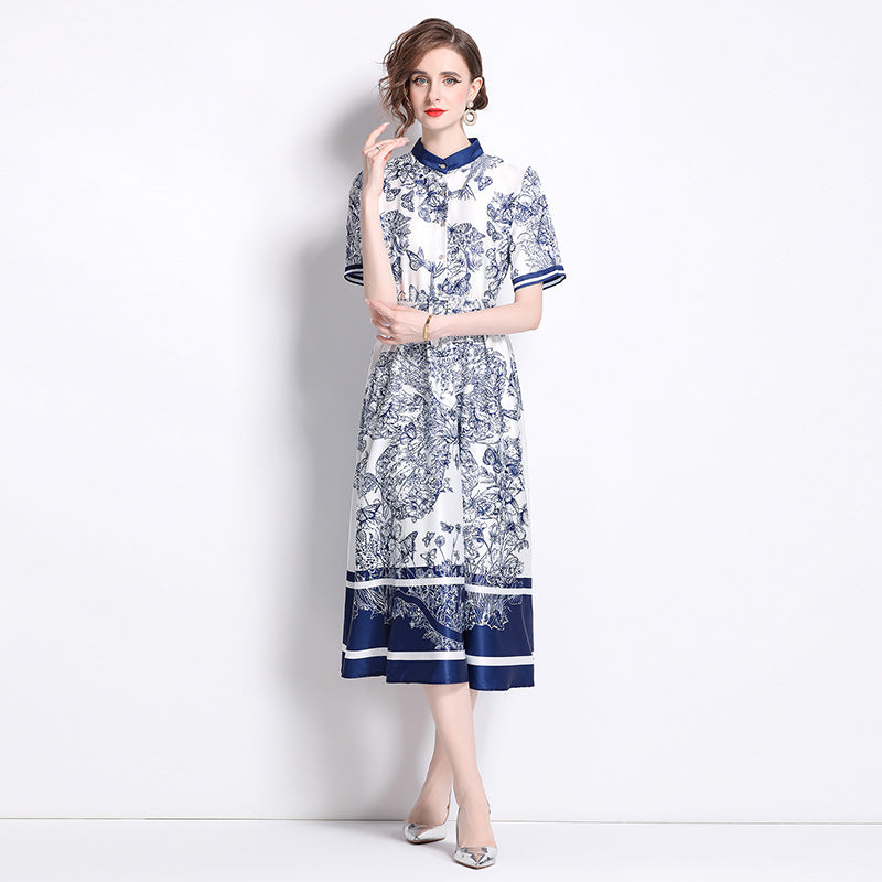 CM-DY016768 Women Elegant European Style Stand Collar Short Sleeve Pinched Waist Midi Dress