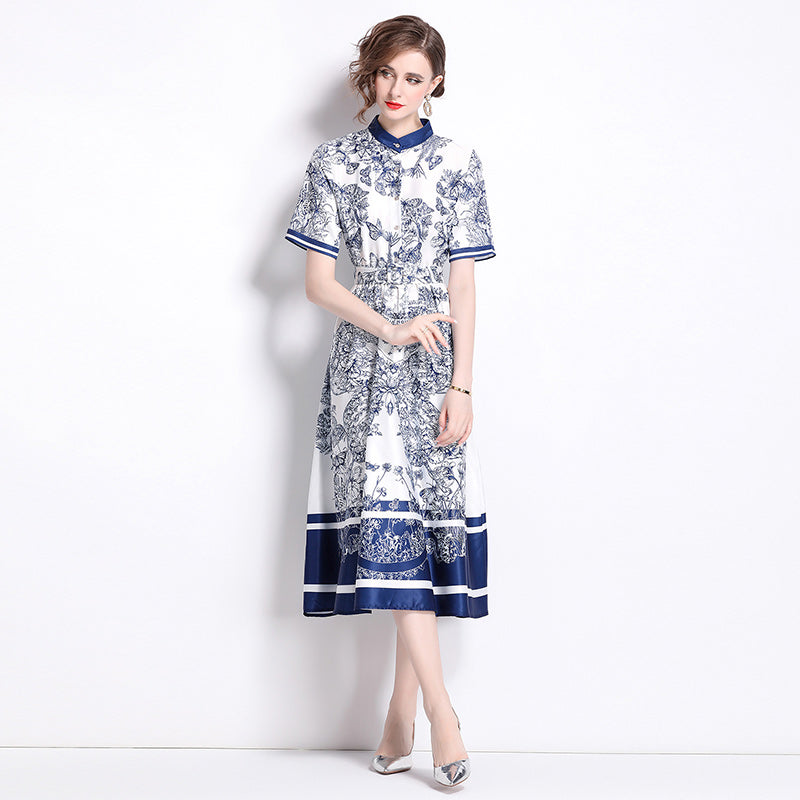 CM-DY016768 Women Elegant European Style Stand Collar Short Sleeve Pinched Waist Midi Dress