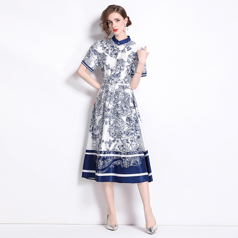 CM-DY016768 Women Elegant European Style Stand Collar Short Sleeve Pinched Waist Midi Dress