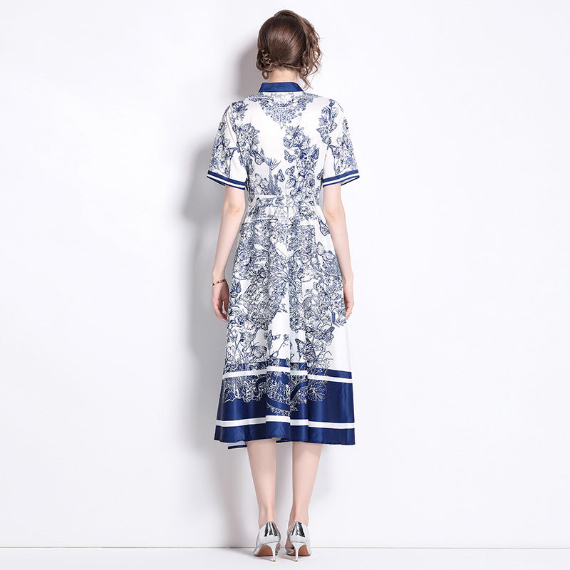CM-DY016768 Women Elegant European Style Stand Collar Short Sleeve Pinched Waist Midi Dress