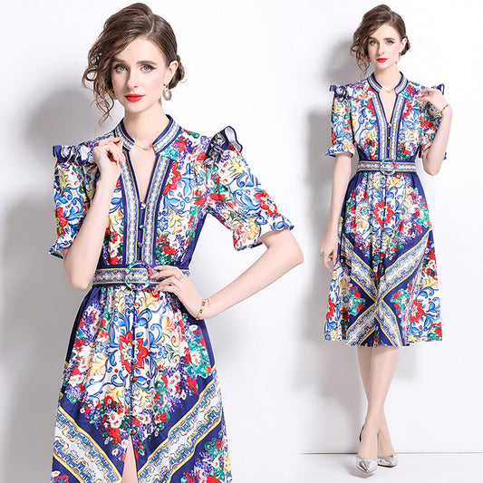 CM-DY016773 Women Elegant European Style Stand Collar Puff Sleeve Single-Breasted Midi Dress