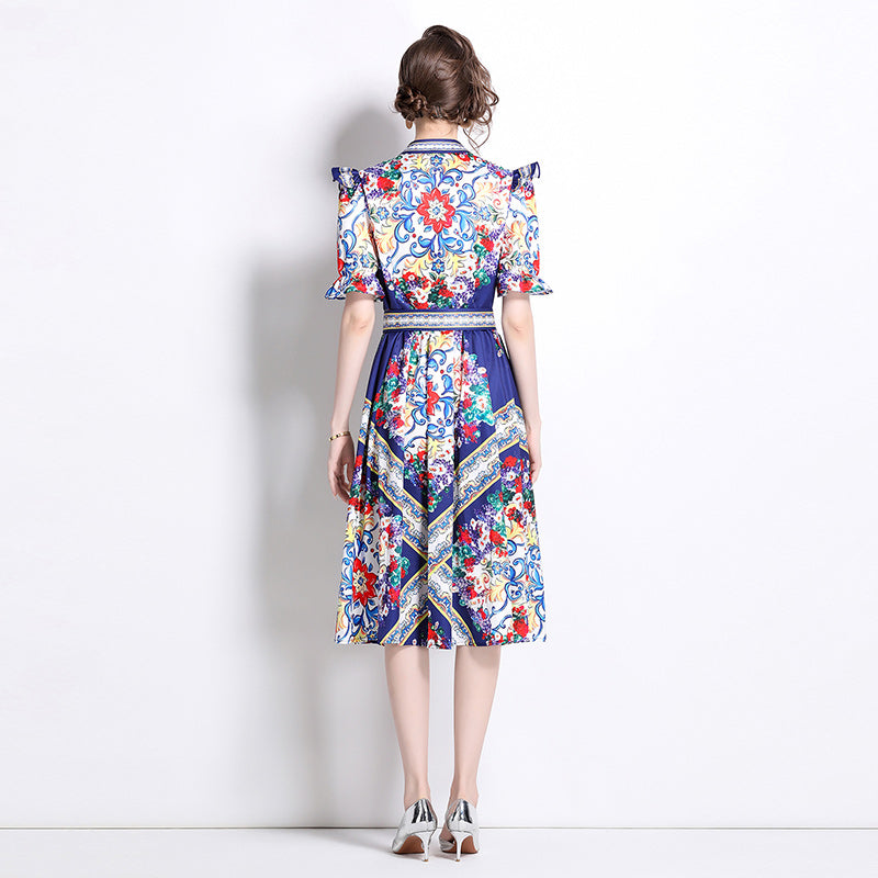 CM-DY016773 Women Elegant European Style Stand Collar Puff Sleeve Single-Breasted Midi Dress
