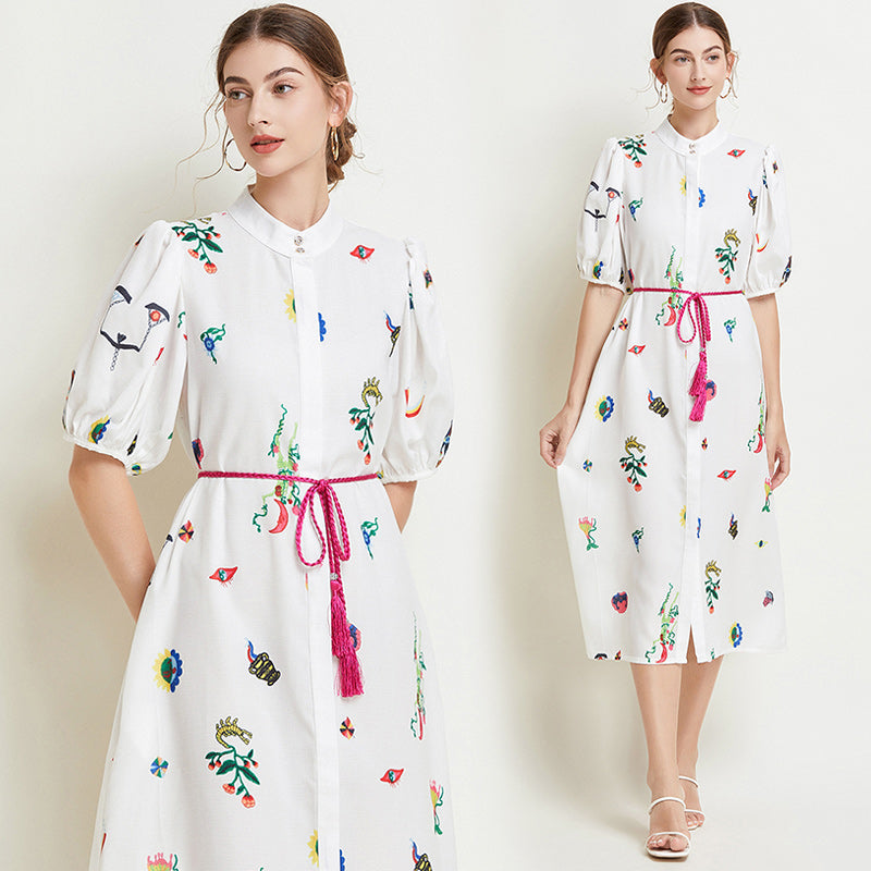 CM-DY016775 Women Elegant European Style Stand Collar Half Sleeve Print Midi Dress