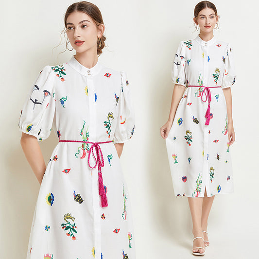 CM-DY016775 Women Elegant European Style Stand Collar Half Sleeve Print Midi Dress
