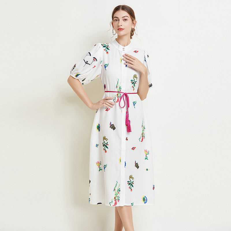 CM-DY016775 Women Elegant European Style Stand Collar Half Sleeve Print Midi Dress
