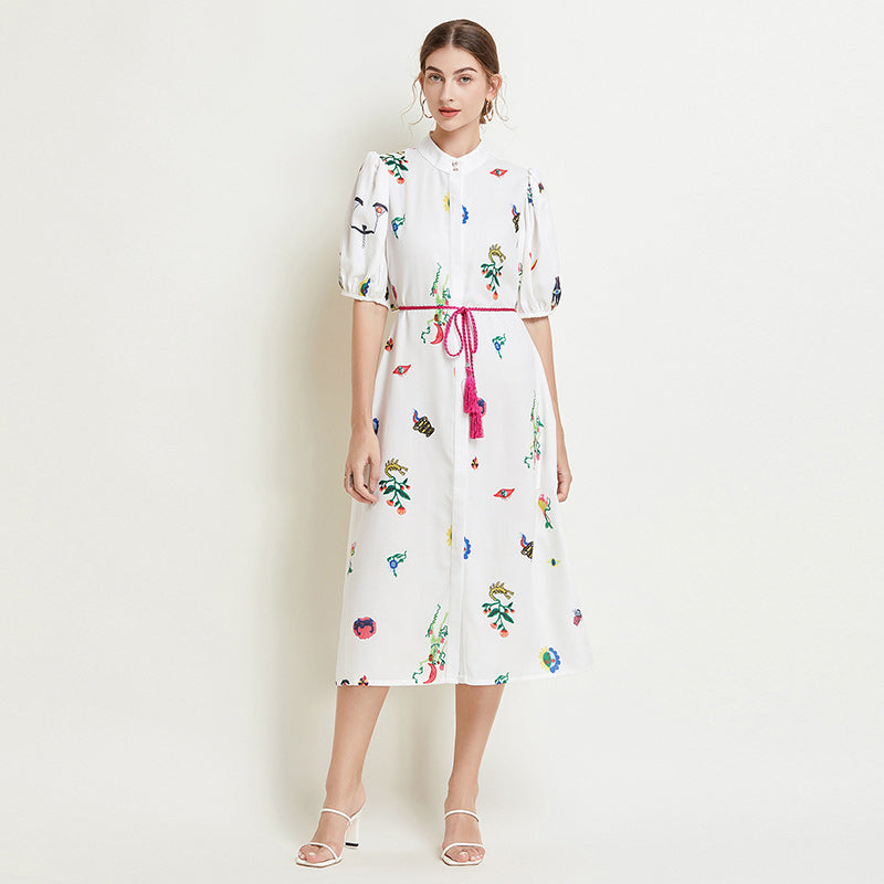 CM-DY016775 Women Elegant European Style Stand Collar Half Sleeve Print Midi Dress