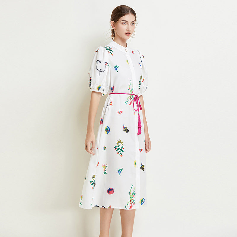 CM-DY016775 Women Elegant European Style Stand Collar Half Sleeve Print Midi Dress