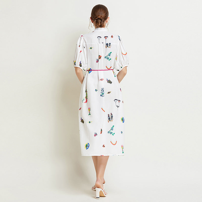 CM-DY016775 Women Elegant European Style Stand Collar Half Sleeve Print Midi Dress