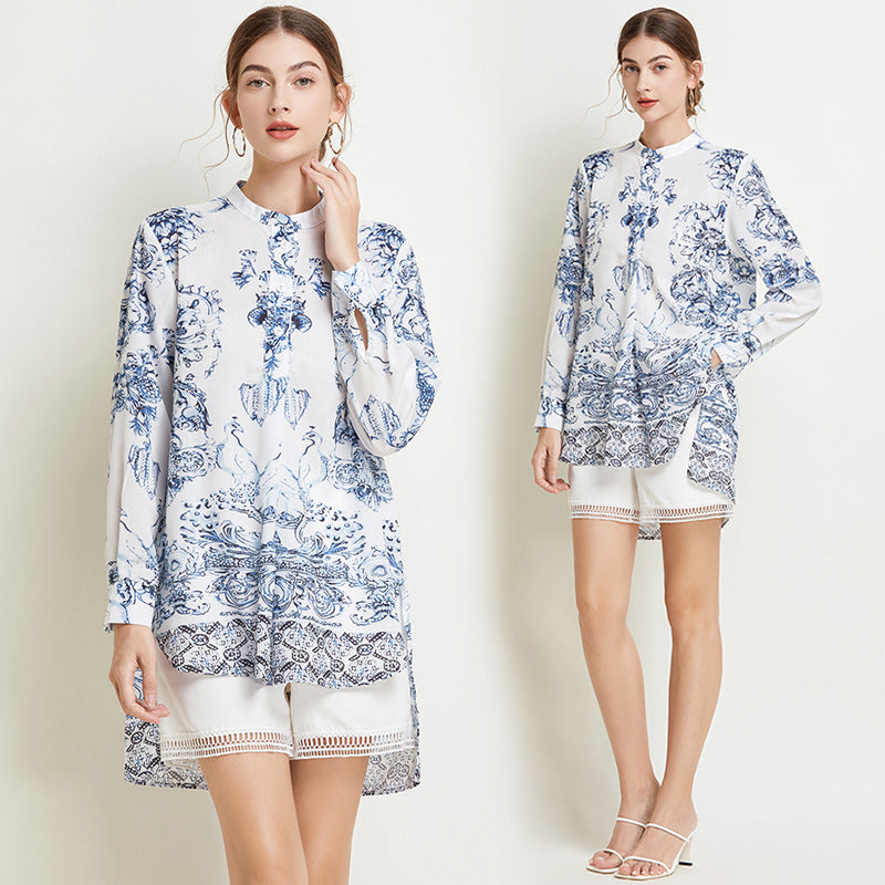 CM-SY016776 Women Casual European Style Stand Collar Long Sleeve Shirt With Short Pants - Set