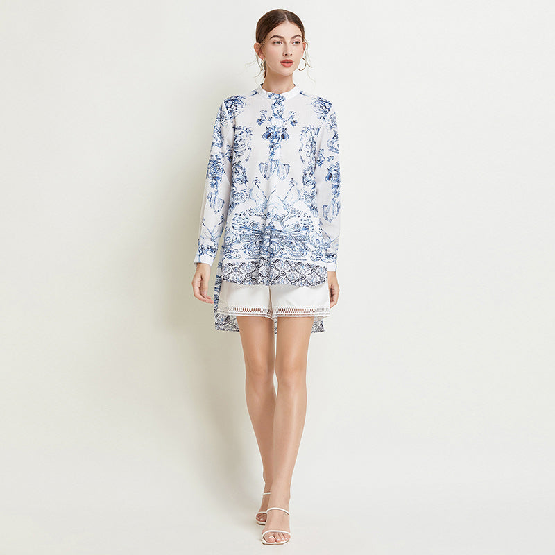 CM-SY016776 Women Casual European Style Stand Collar Long Sleeve Shirt With Short Pants - Set