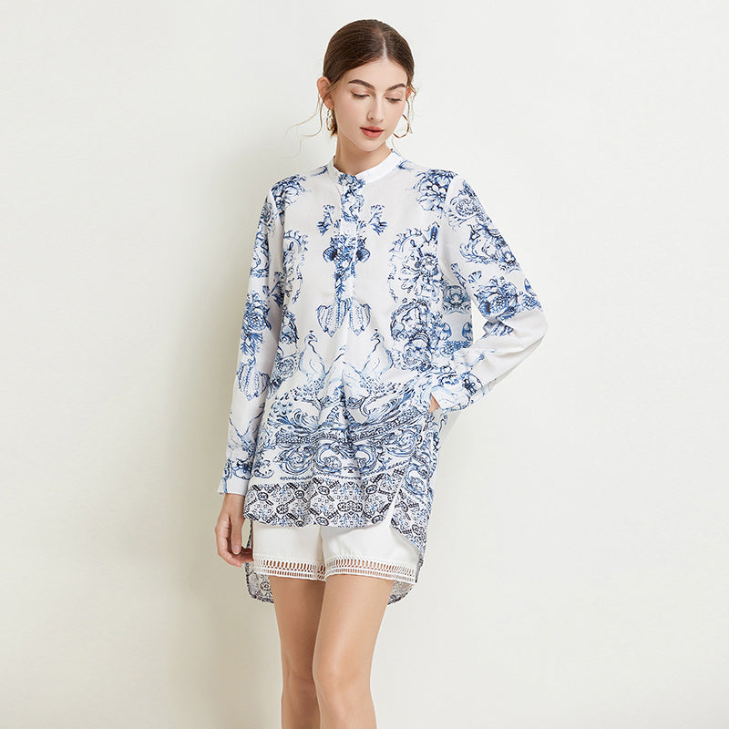 CM-SY016776 Women Casual European Style Stand Collar Long Sleeve Shirt With Short Pants - Set