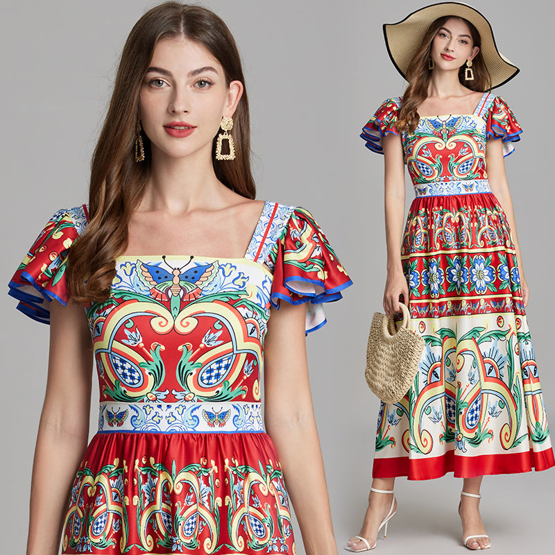 CM-DY016880 Women Trendy Bohemian Style Square Neck Cap Sleeve All-Over Print A-Line Midi Dress - Red