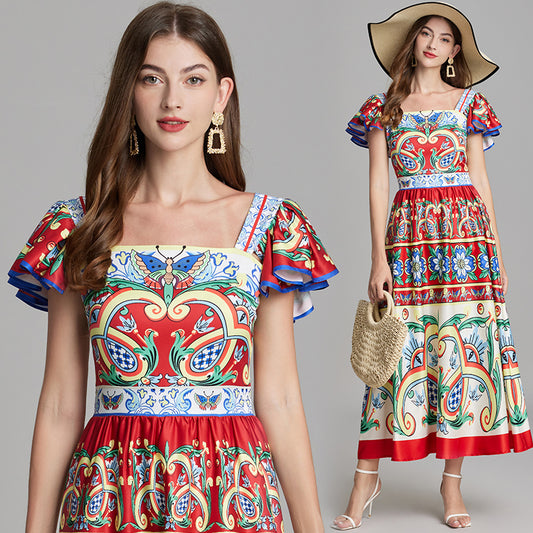 CM-DY016880 Women Trendy Bohemian Style Square Neck Cap Sleeve All-Over Print A-Line Midi Dress - Red