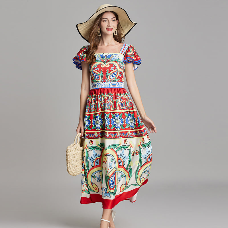 CM-DY016880 Women Trendy Bohemian Style Square Neck Cap Sleeve All-Over Print A-Line Midi Dress - Red
