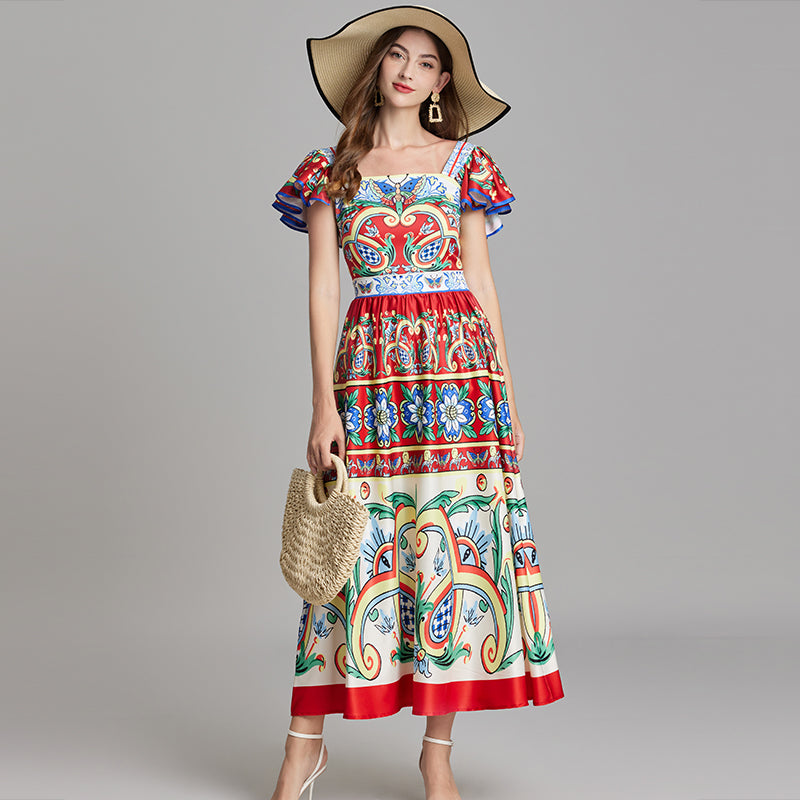 CM-DY016880 Women Trendy Bohemian Style Square Neck Cap Sleeve All-Over Print A-Line Midi Dress - Red