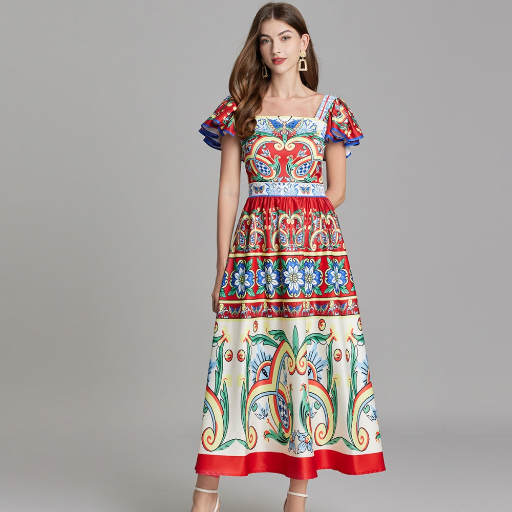 CM-DY016880 Women Trendy Bohemian Style Square Neck Cap Sleeve All-Over Print A-Line Midi Dress - Red