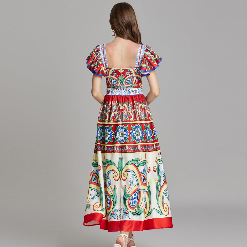 CM-DY016880 Women Trendy Bohemian Style Square Neck Cap Sleeve All-Over Print A-Line Midi Dress - Red