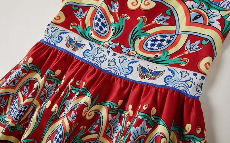 CM-DY016880 Women Trendy Bohemian Style Square Neck Cap Sleeve All-Over Print A-Line Midi Dress - Red