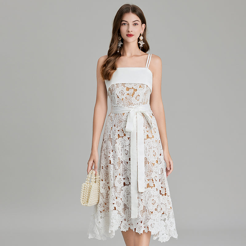 CM-DY016884 Women Elegant European Style Spaghetti Strap Embroidery Lace A-Line Dress - White
