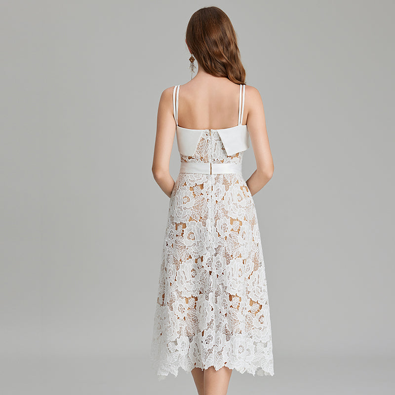CM-DY016884 Women Elegant European Style Spaghetti Strap Embroidery Lace A-Line Dress - White
