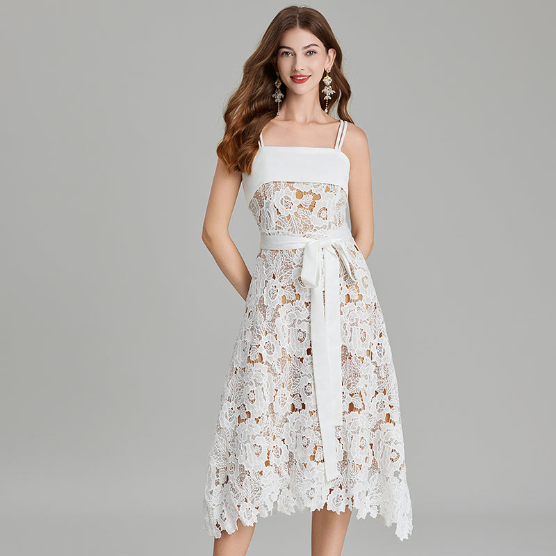 CM-DY016884 Women Elegant European Style Spaghetti Strap Embroidery Lace A-Line Dress - White