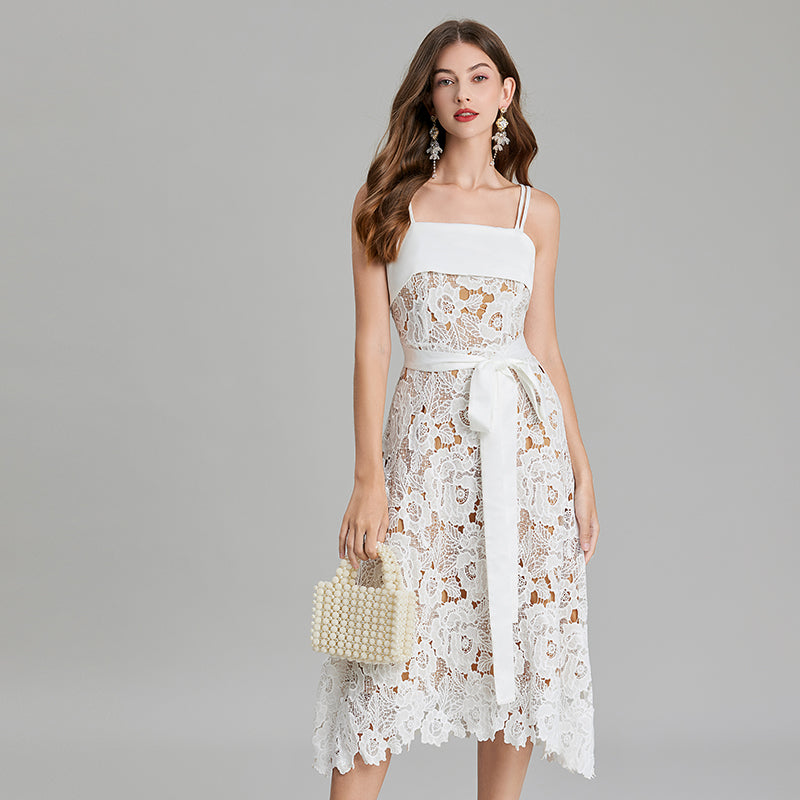 CM-DY016884 Women Elegant European Style Spaghetti Strap Embroidery Lace A-Line Dress - White
