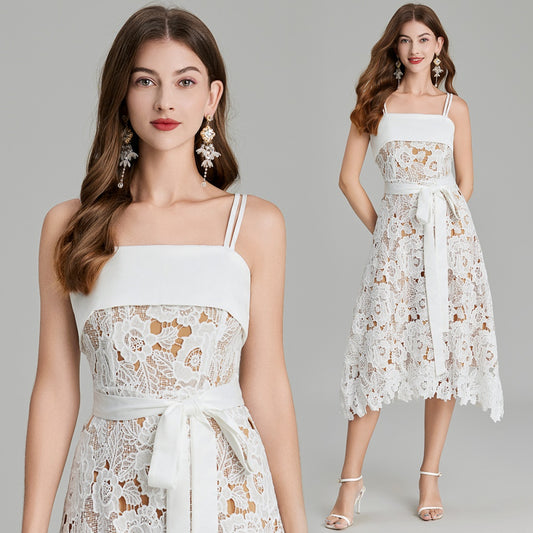 CM-DY016884 Women Elegant European Style Spaghetti Strap Embroidery Lace A-Line Dress - White