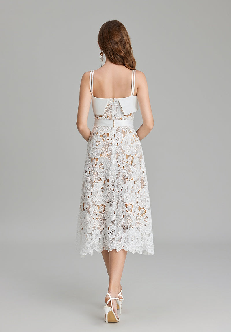 CM-DY016884 Women Elegant European Style Spaghetti Strap Embroidery Lace A-Line Dress - White
