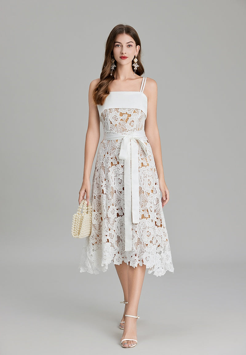 CM-DY016884 Women Elegant European Style Spaghetti Strap Embroidery Lace A-Line Dress - White