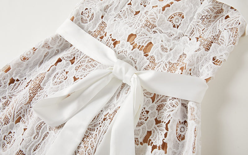 CM-DY016884 Women Elegant European Style Spaghetti Strap Embroidery Lace A-Line Dress - White