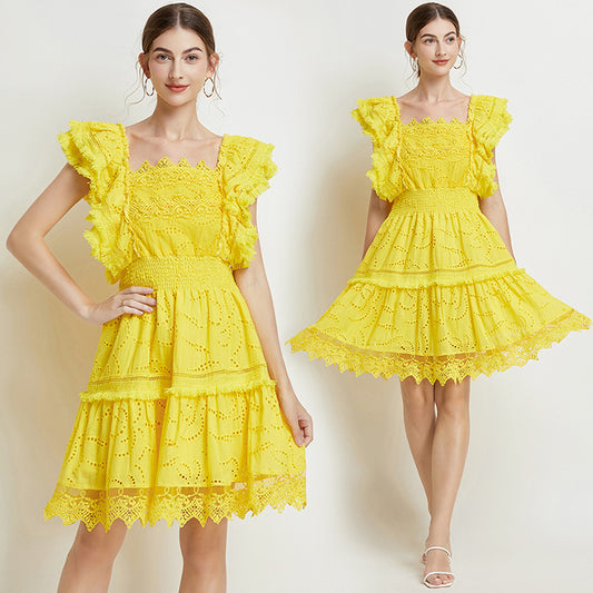 CM-DY016886 Women Elegant Euuropean Style Lace Square Collar Short Sleeve Midi Dress - Yellow