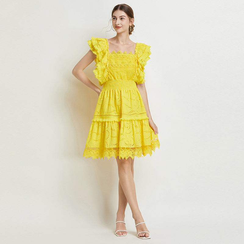 CM-DY016886 Women Elegant Euuropean Style Lace Square Collar Short Sleeve Midi Dress - Yellow
